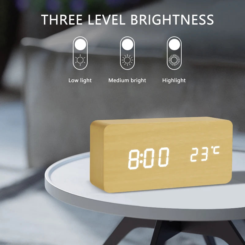Wooden LED Alarm Clock with Voice Control