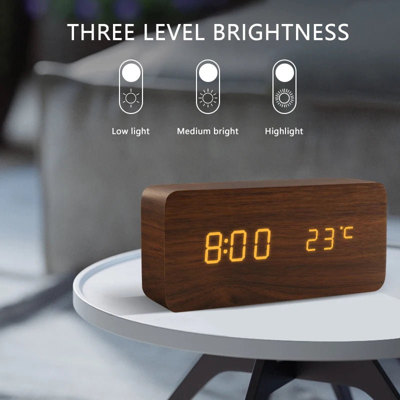 Wooden LED Alarm Clock with Voice Control