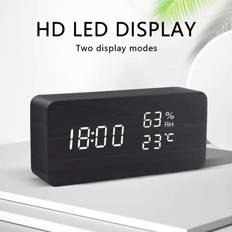 Wooden LED Alarm Clock with Voice Control